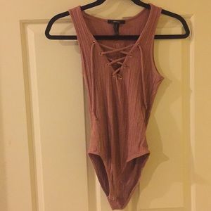 lace up pink ribbed bodysuit